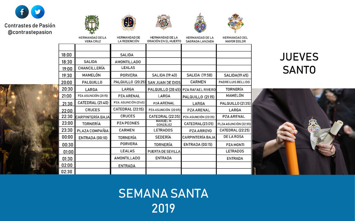 ContrastePasion's tweet photo. ¡Hoy es Jueves Santo! Estos son los horarios/sincronizados de la cofradías que realizarán hoy su salida procesional en Jerez de la Frontera. https://t.co/9XzfZ3egKx