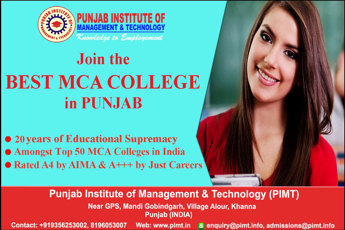 PIMT_mgg's tweet image. #PIMTalour #MasterofComputerApplications #bestinstitute #bestmanagementcollege #bestcollegeofmanagementandtechnology #bestmanagementcollegeinpunjab #bestMCAcollegeinPunjab #MCAadmissions #MCAcourse #MCAdegree #MCAeligibility
Visit our website: pimt.in