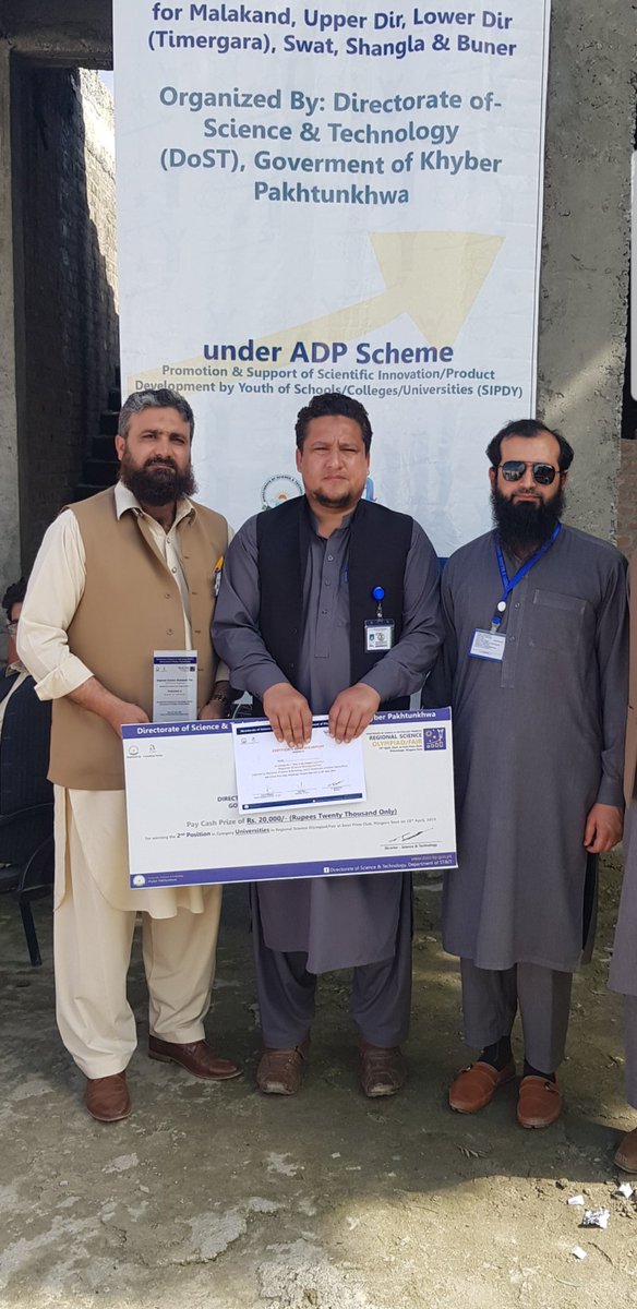 DrZahidUOM's tweet photo. π Allhamdullah Got it.
#TEAM-CSIT got 2nd Position π (Cash Prize 20000) in Directorate of Science and Technology Olympiad held at Swat on 18th April 2019.
Congratulations to MPhil. Scholar Mr. Zahid Khan of Network Systems and Security Research Group #NSSRG. https://t.co/nAStKhrLxl