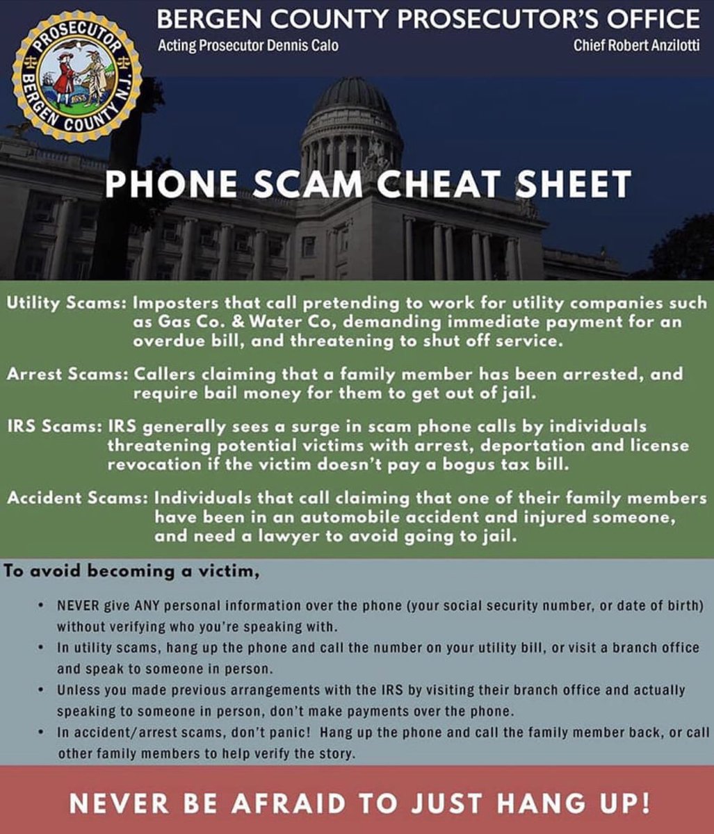 RutherfordPDNJ's tweet photo. Excellent tips from our partners at #BCPO on how to avoid being the victim of a phone scam. We have seen an increase of elderly victims for $1,000s. Talk to your elderly family members and neighbors. #RutherfordPD #PhoneScam #ProtectTheElderly #SeniorCitizen https://t.co/f2qalJ337a