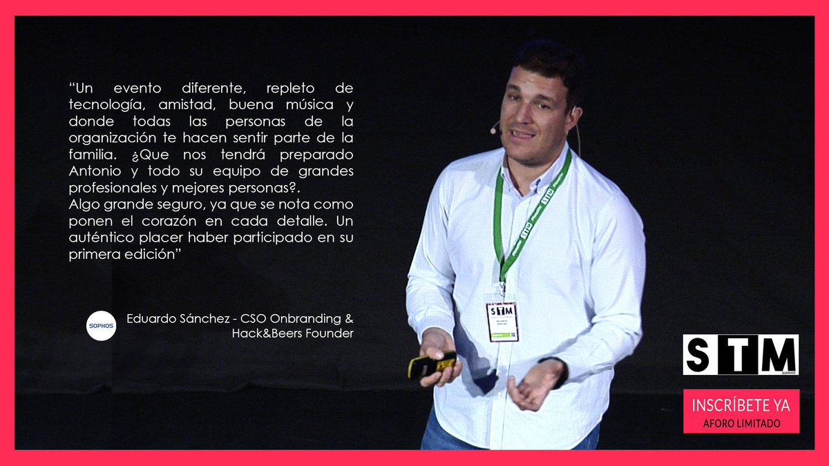 StmSummit's tweet photo. @eduSatoe tuvo unas palabras de agradecimiento sobre el @StmSummit del año pasado.
Inscripciones gratuitas hasta completar aforo.
Os esperamos en STM2 el día 31 de Mayo en sala Kinepolis Alicante.
#yosoystm #stmisbusiness #stmistechnology #stmisrockandroll https://t.co/7nB34zdJ2c