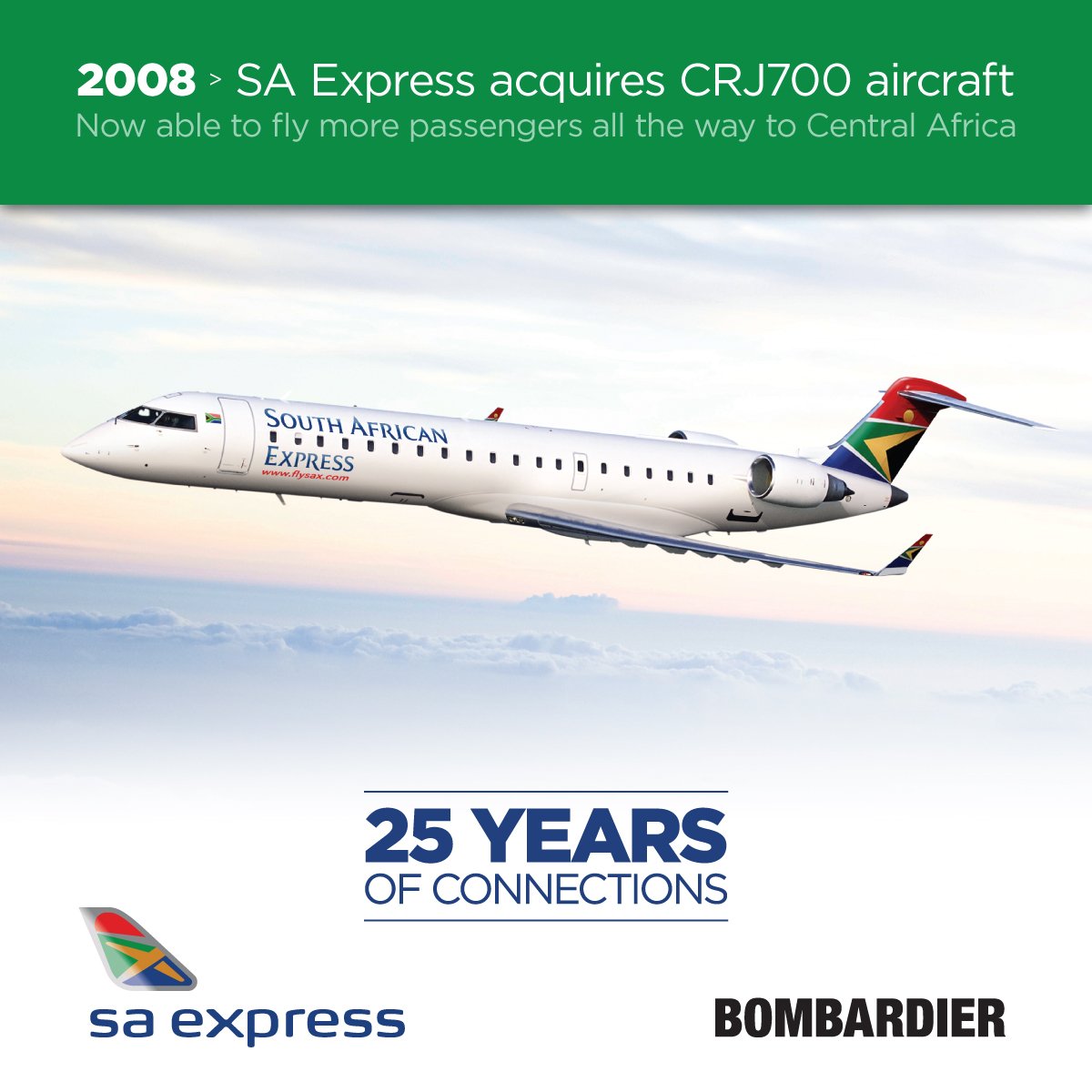 MHI_RJ's tweet photo. In 2008, SA Express continues its expansion by adding #CRJ700 aircraft to its fleet, bringing further expansion capability in number of passengers carried and range capability up to Central Africa. #25YearsOfConnections @flySAExpress https://t.co/K8DDUfmzEs