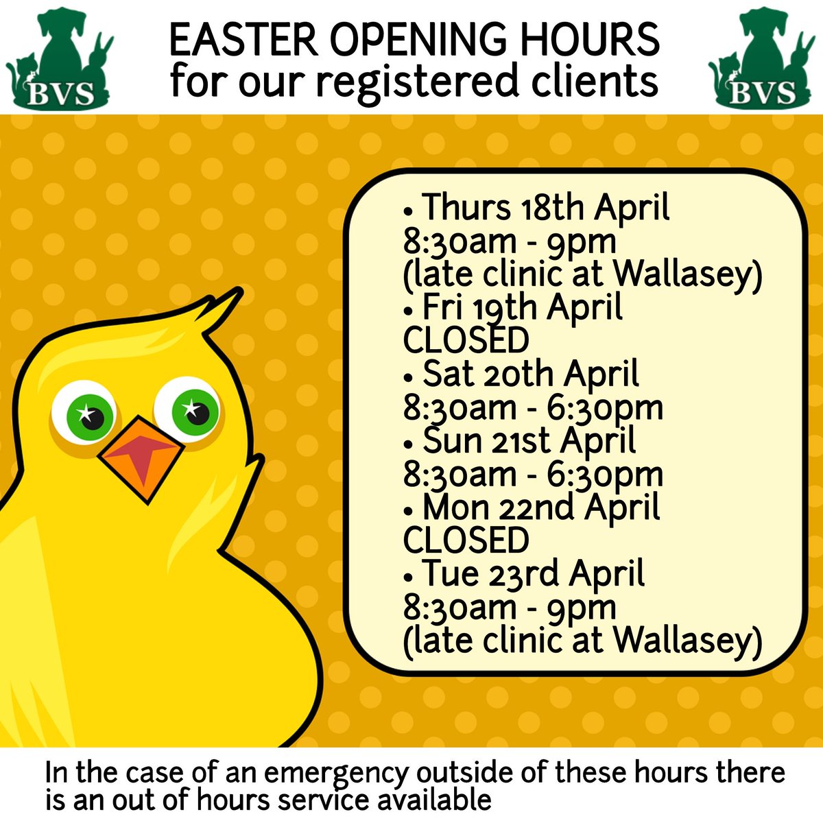 BroadwayVets's tweet photo. EASTER OPENING HOURS for our registered clients #wirral #bebington #heswall #wallasey https://t.co/cpkgZctEmf