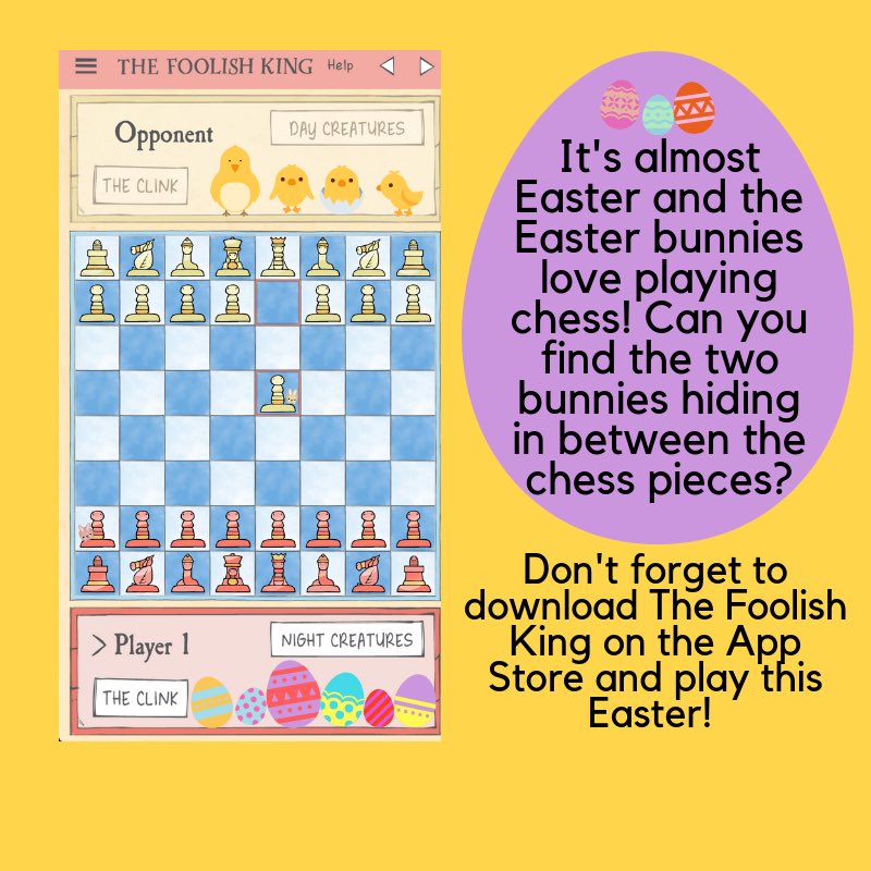 the_foolishking's tweet photo. Only 3 days till Easter and the Easter Bunnies LOVE playing chess! Can you find the two hidden bunnies on the chess board ? #easter #chess #educational #forkids #family #chessfun #bunnies #easterbunny #fun #games #easteregg #thefoolishking https://t.co/hZT01SoXHR