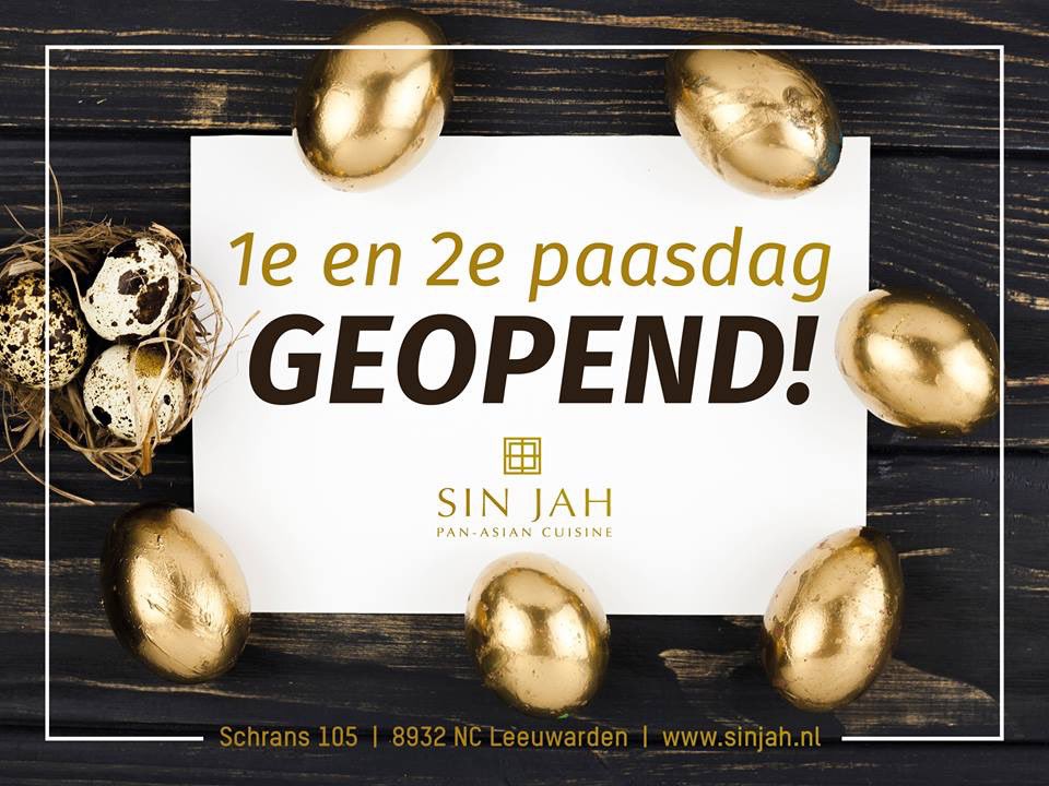 Schuif je ook aan tijdens Pasen bij Sin Jah? Wij zijn beide dagen gewoon open! Wil je zeker zijn van een tafel tijdens Pasen? Reserveer dan snel op sinjah.nl of bel 058-2890990!

Ps. Omdat wij beide Paasdagen open zijn, zijn wij op dinsdag 23 april gesloten!