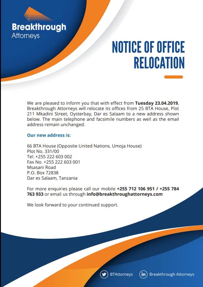 BTAttorneys's tweet photo. We would like to notify our Esteemed Clients that with effect from 23rd April 2019, Breakthrough Attorneys will relocate its offices from 25 BTA House, Plot 211 Mkadini Street, Oysterbay; to a new address at 66 BTA House (Opposite United Nations, Umoja House), Msasani Road. https://t.co/3QLggueyDt