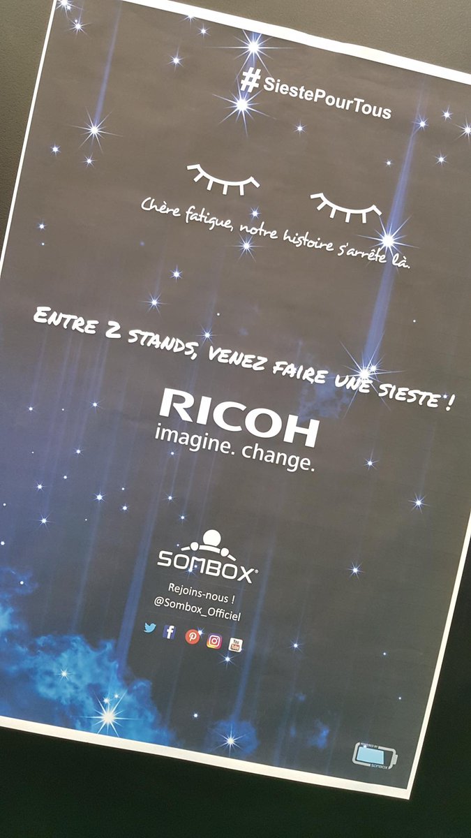 Dernières heures pour tester une expérience unique au cœur du #SAET2019 stand L26 on vous fait voyager dans le "future of work" de <a href="/ricohfrance/">Ricoh France</a> 20 min dans la #Sombox 😴
#innovation #SiestePourTous
#QVT #SleepTech #RechargeYourself
