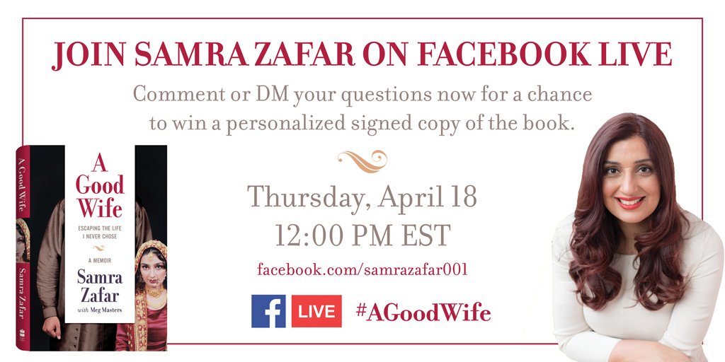 iamsamrazafar's tweet photo. Today is the day! Join me TODAY at 12 noon EST for my first Facebook Live Q&A.
DM me your question now for a chance to #win a signed copy of A Good Wife!
#HCCLIVE #fblive #agoodwife https://t.co/CnfGyEvWTB