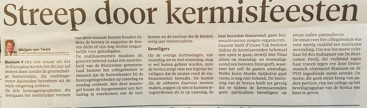 Tekst over treurige uitkomst raadsverg. van 16 april jl. Motie van DAB met VVD: Vergunning te verlenen a/d horeca voor livemuziek en buitenactiv. op za.avond, is door Hart voor Blaricum (hart?), De Blaricumse Partij, CDA, fractie van Dijk en D'66 met de grond gelijk gemaakt.