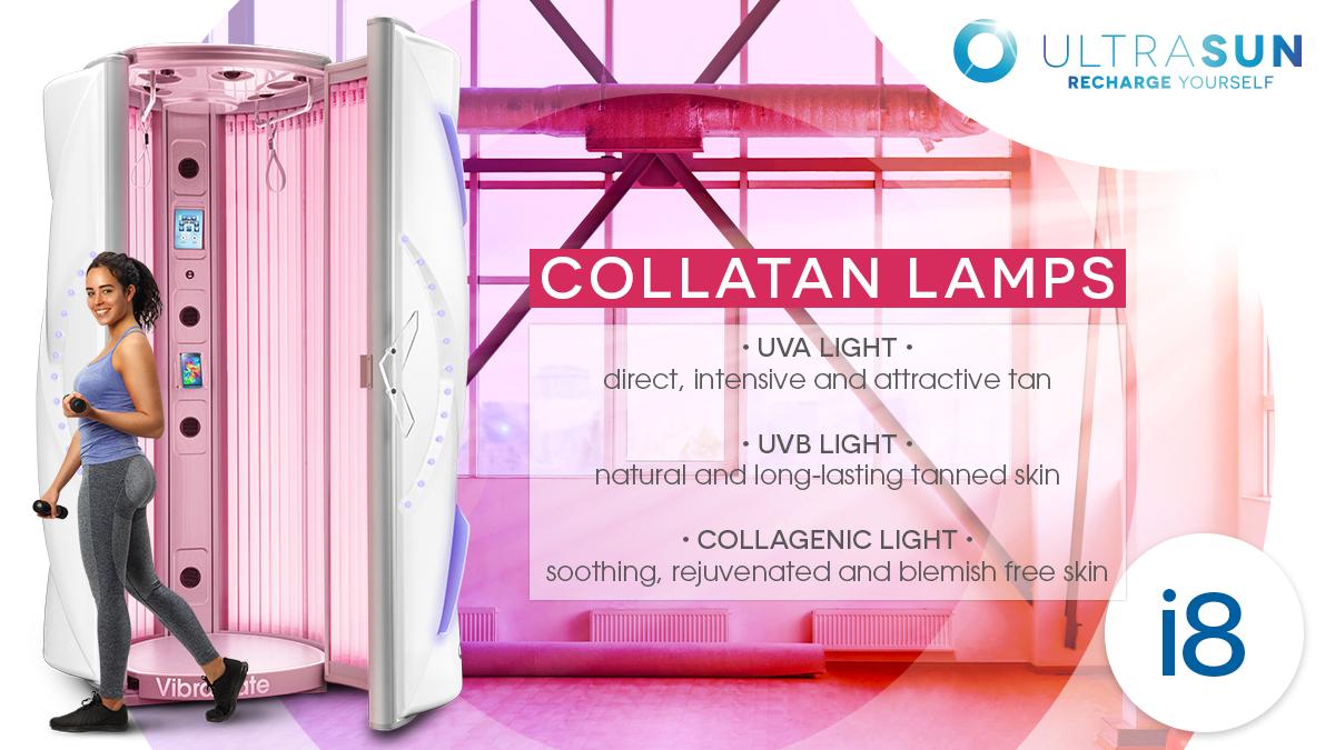 UltrasunInt's tweet photo. Equip the Ultrasun i8 with CollaTan lamps! These tubes are a special combination of UV & Collagenic Light (red light). So, you will get a Vitamin D boost, a glowing tan and rejuvenated skin. Available for all tanning devices #RechargeYourself #CollaTan #ResponsibleTanning https://t.co/rDWp7n5lYP