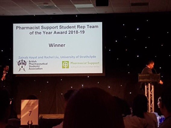 StrathRxsoc's tweet photo. Huge congrats to our President and Head of Fundraising for winning @PharmaSupport Student Rep Team of the Year 2018-19 Award! What an honour to receive recognition at the @BPSA Annual Conference award and representing @StrathMPharm https://t.co/i0xzQmDYom