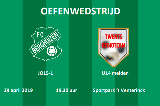Het Twents regioteam U14 met talentvolle meiden uit heel Twente speelt een oefenpot ter voorbereiding op het BVO toernooi tegen de JO15-1G van FC Berghuizen op 29 april 19.30 uur bij FC Berghuizen