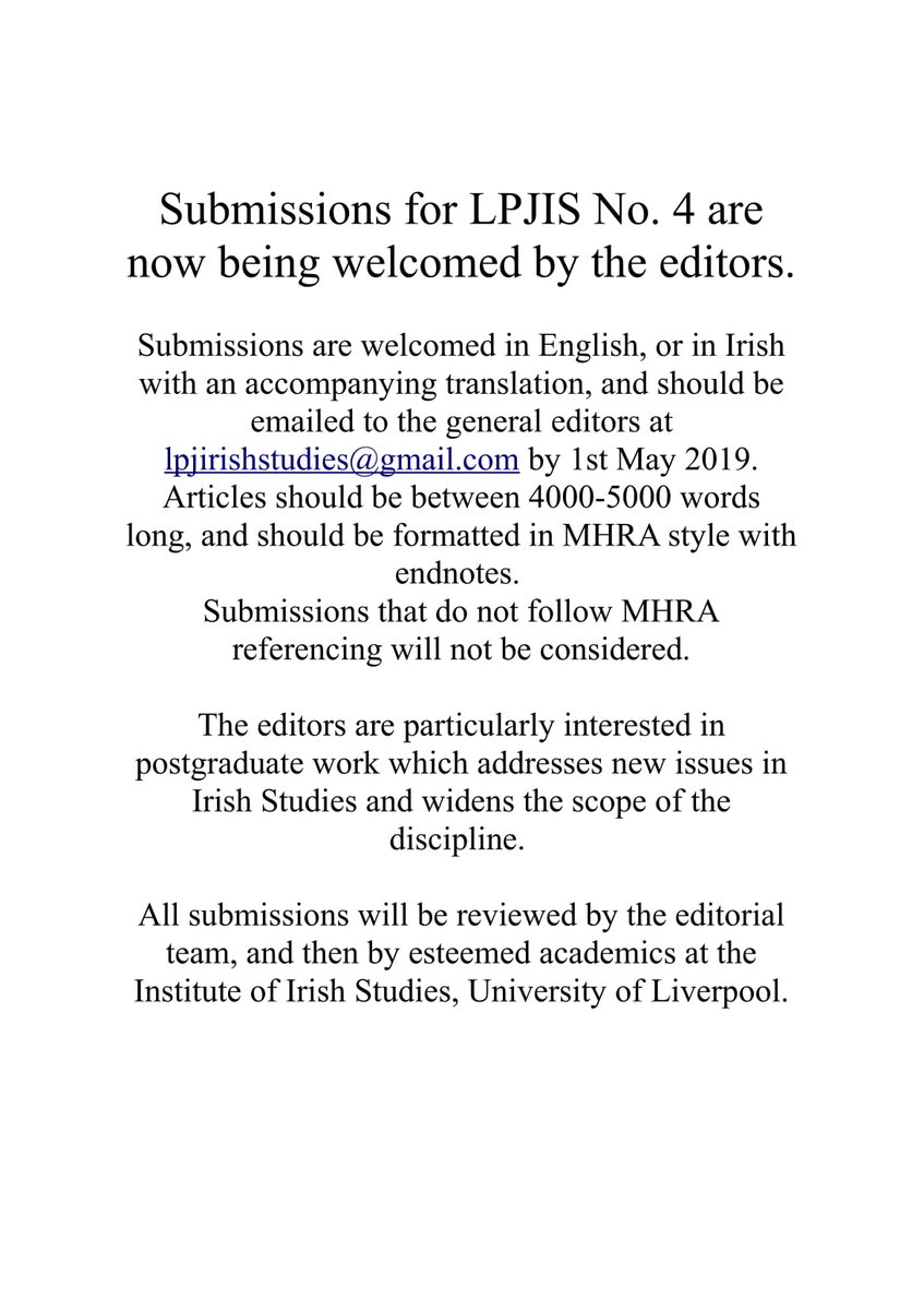 lpjis's tweet photo. Call for Papers for the upcoming edition of the Liverpool Postgraduate Journal of Irish Studies. 

Please share with anyone who may be interested and we look forward to including some amazing pieces. https://t.co/mjvJDNK6X8