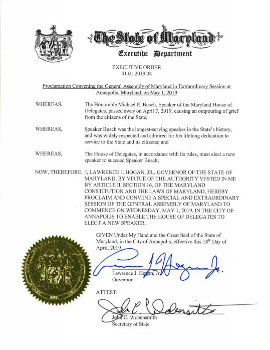 I have called a special session of the General Assembly on May 1 in order to elect a successor to Speaker Busch. As we close a significant chapter in our history, we will continue the critical work Mike Busch dedicated so much of his life to doing. https://governor.maryland.gov/2019/04/18/governor-hogan-calls-special-session-of-the-maryland-general-assembly/ …