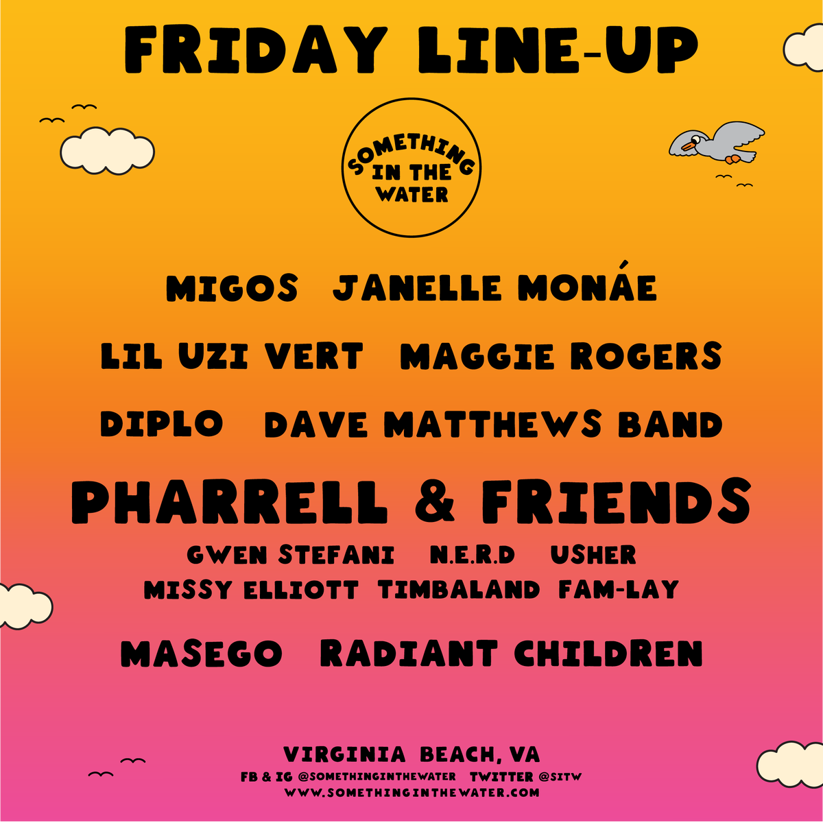 sitw's tweet photo. FRI. SAT. SUN.
Make sure to note which day your favorite artists are playing!
Stay tuned next week for set times 🌊
#SITWfest https://t.co/23kV62hNpm