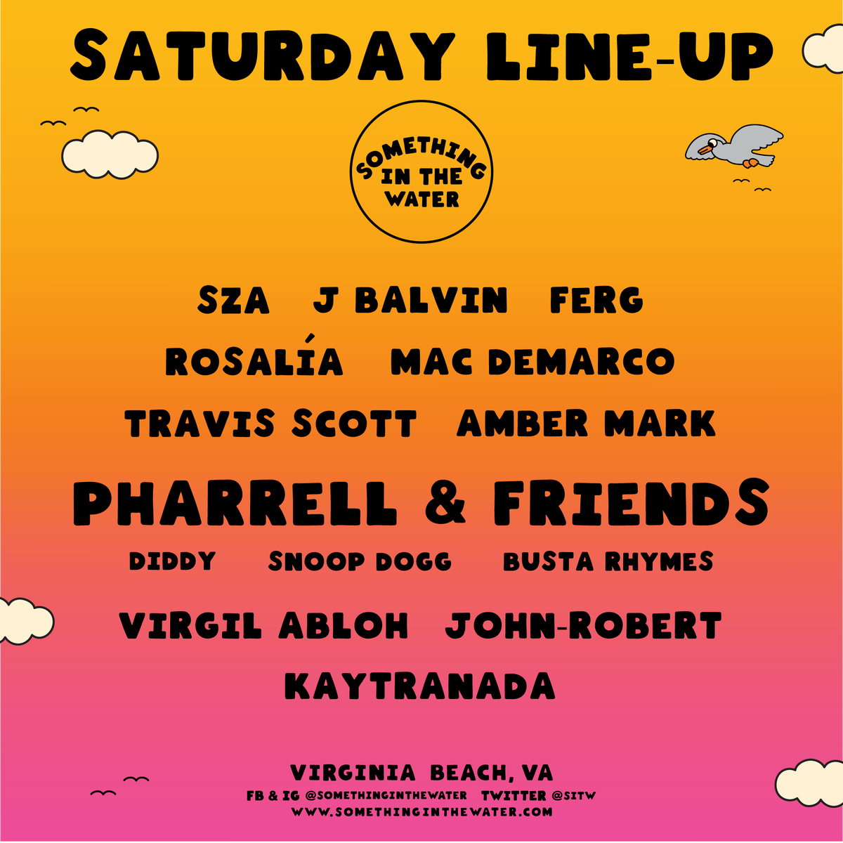 sitw's tweet photo. FRI. SAT. SUN.
Make sure to note which day your favorite artists are playing!
Stay tuned next week for set times 🌊
#SITWfest https://t.co/23kV62hNpm