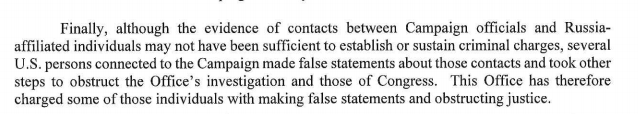 DavidCornDC's tweet photo. Mueller: "several" people connected to the campaign made "false statements" about contacts with Russia-affiliated individuals and "took steps" to obstruct investigations, but only "some" were charged with lying and obstructing justice. https://t.co/pHWhoItvPy