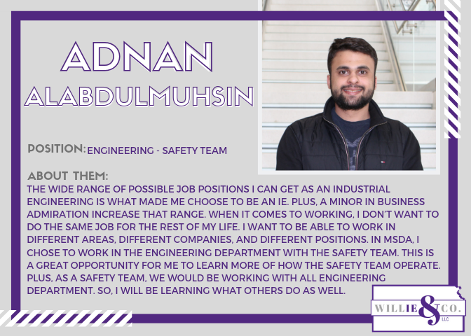 WillieAndCoLLC's tweet photo. Employee Spotlights! Meet the Graphic Design Lead, Jordan Kiehl, and an Engineering Safety Team Lead, Adnan Alabdulmuhsin. https://t.co/NCDQsXVUWl