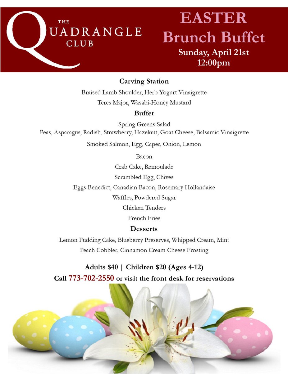 QuadClub's tweet photo. Make your reservations for Easter Brunch, April 21st.
#events #easter #eastersunday #food #dining #chicago #uchicago https://t.co/2zuNcTvpol