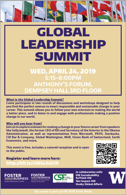 fostercareers's tweet photo. The Global Business Center and the Certificate of International Studies in Business are hosting the 2nd Annual Global Leadership Summit! Join students and community members for a night of workshops and discussions!

Learn more and register: https://t.co/UUEFH5FjBL https://t.co/6E6J0hWqx8