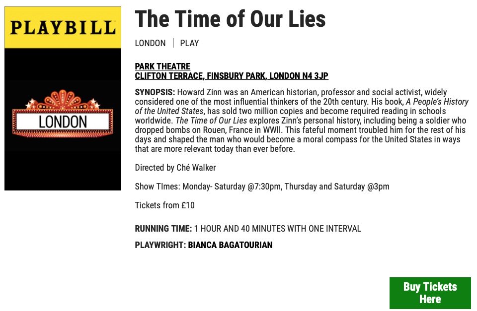 timeofourlies's tweet photo. First Preview: July 30, 2019
Opening date: August 1, 2019
Closing date: August 10, 2019
Buy tickets here: https://t.co/a8U3KJUqqK
#TheTimeOfOurLies #HowardZinn #ZinnParkTheatre #BiancaBagatourian #CheWalker https://t.co/inIXvRiZAs