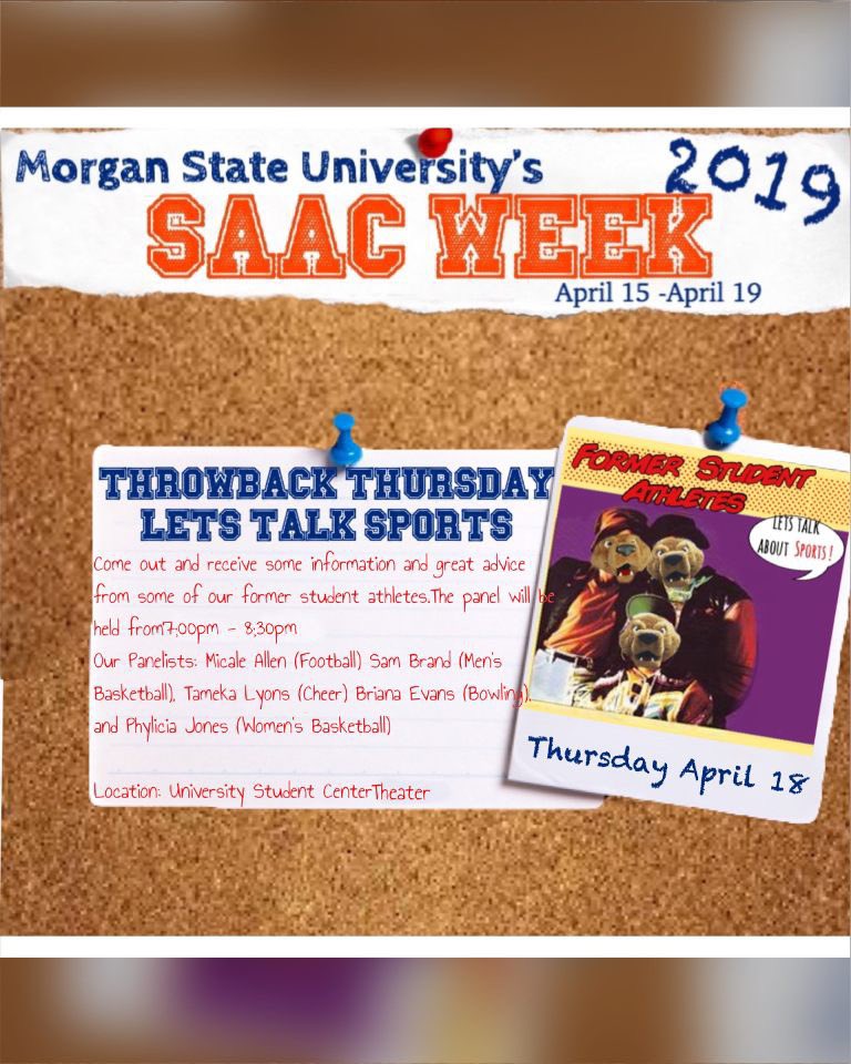 MorganstateSaac's tweet photo. LETS TALK SPORTS!!!! Learn and hear all there is to know from former student athletes! https://t.co/GTxxMEcnGs