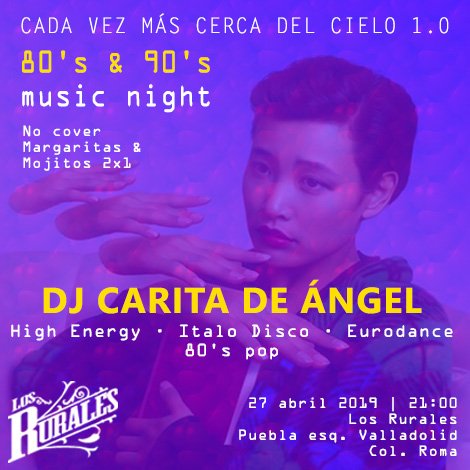 #MeHagoElSanturrón pero el próximo 27 de abril me voy a #LosRurales a escuchar High Energy, Italo Disco y Eurodance con DJ Carita de Ángel. No cover. Margaritas y Mojitos 2x1.

#music
#mixology