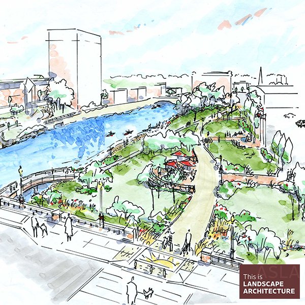 TGDAinc's tweet photo. As part of our anniversary celebration, we are sharing sketches from the archives. These perspective vignettes and conceptual plan drawings of the Aurora Riverwalk are from 2006-2007.  For 20 years TGDA has been turning drawings into places. #tgda #designforlife #WLAM2019 https://t.co/rKXriJpzRP