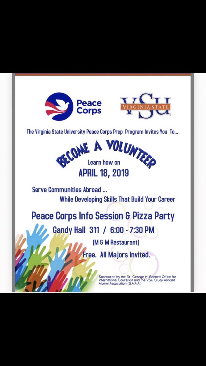 vsu_saa's tweet photo. Don’t know what to do after Graduation and need a plan? Come out tonight to get free pizza and learn about the peace corps! ‼️OPEN TO ALL MAJORS AND CLASSIFICATIONS ‼️#vsutravels #peacecorps https://t.co/HcSNsy68sR