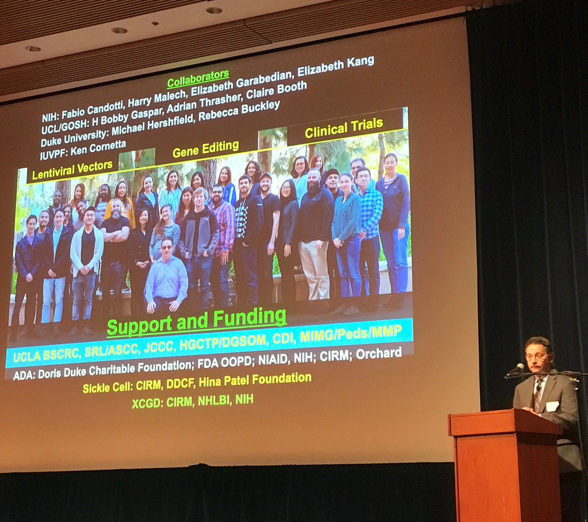 UCLAstemcell's tweet photo. Dr. Don Kohn presents his work developing gene therapy approaches for #SCID, #xCDG and #sicklecell anemia at #ASCC2019. As his final slide shows, it takes a village and significant resources to achieve scientific discoveries that may cure disease. https://t.co/4EpLprQ6Q1