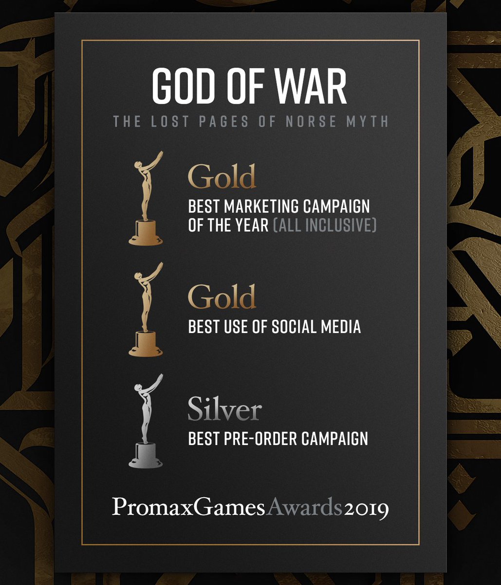 thinksinc's tweet photo. So proud to be recognized by #PromaxGames Awards for our biggest wins yet for our work on #GodofWar! Gold for Best Marketing Campaign of the Year & Best Use of Social Media, & Silver for Best Pre-Order Campaign. 🏆 Congrats to the team and friends at @SonySantaMonica @corybarlog https://t.co/8NNGoBozOA