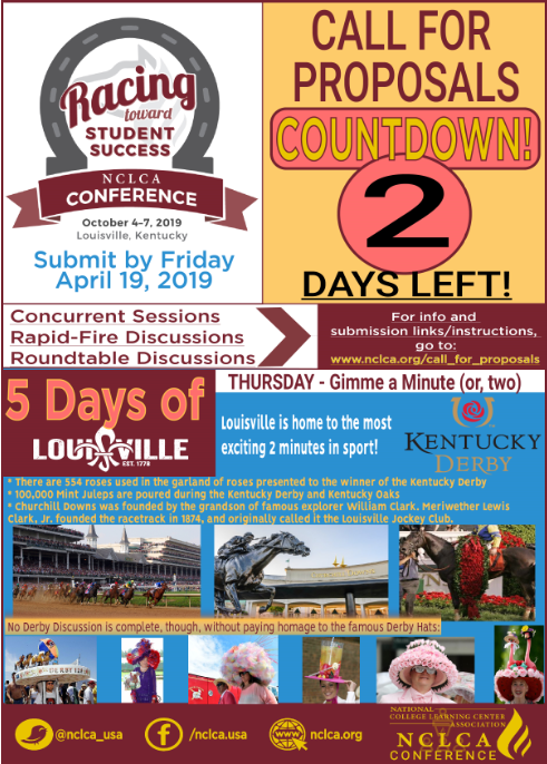 There's no time like the present, though, and no 2 minutes like Louisville's <a href="/KentuckyDerby/">Kentucky Derby</a>  - the most famous 2 minutes in sport! Submit your proposal to <a href="/NCLCA_USA/">NCLCA</a> 2019 Conference TODAY - Due tomorrow, Fri 4/19 nclca.org/call_for_propo…