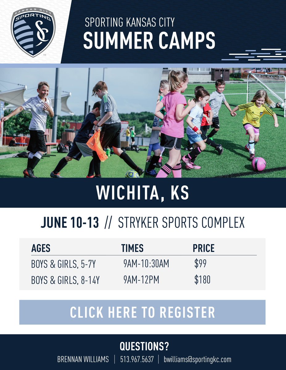 SCHEELSStryker's tweet photo. Get your calendars out -- soccer camp season is right around the corner. Sporting Kansas City will host a camp for boys and girls soccer players ages 5 - 14 at Stryker Sports Complex June 10 - 13! 
Link to register:
https://t.co/3ViEogtNm8 https://t.co/KraAZck3Pb