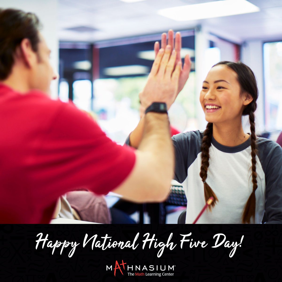 Mathnasium's tweet image. Happy #NationalHighFive day from Mathnasium! (Although as mathematicians we posit that this is actually a high 10, base 5.)