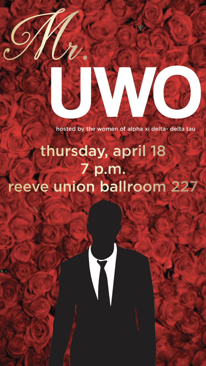 AlphaXiDeltaUWO's tweet photo. Join us tonight at 7 p.m. for Mr. UWO! It’s going to be super fun! https://t.co/xKU4lW0Kp3