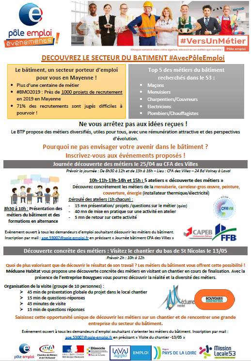BarousseDamien's tweet photo. #VersUnMétier dans le bâtiment #AvecPôleEmploi 🙂 
Le secteur du bâtiment recrute sur le département de @lamayenne mais rencontre des difficultés importantes ☹️ Afin de valoriser les métiers, @poleemploi_PDL Laval St Nicolas se mobilise au côté de nombreux partenaires 💪 https://t.co/zkTHUPlRcy