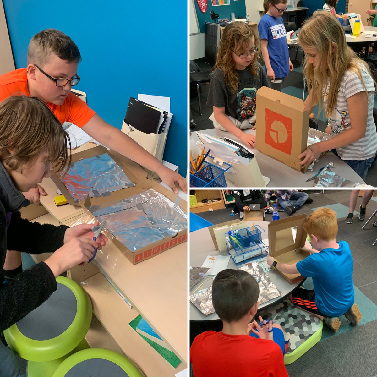 krizmandiana's tweet photo. #5thgrade engineers making #solarpowered ovens for snack time.  Thanks @LimestonePizza for the generous donation and encouraging #STEM in the classroom @usd497 @gloclex @MenaHillEdu @Jolea1215 #deerfield497 @KyleighAE #fifthgraderocks https://t.co/1OSyyrtPrK