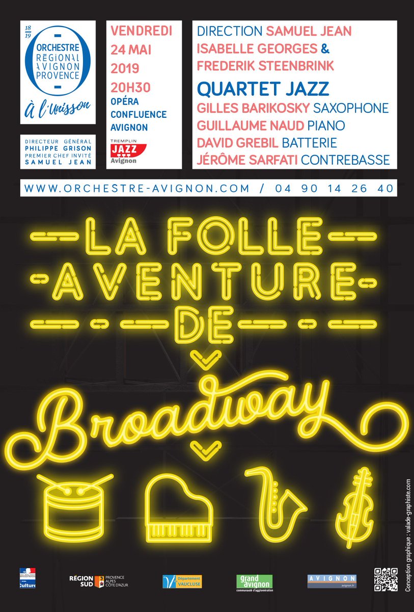 Le 24 mai, embarquez dans La Folle Aventure de Broadway 🎶🎷🎻
Direction, Samuel Jean
Isabelle Georges, Frederik Steenbrink
Gilles BARIKOSKY, Guillaume NAUD, David GREBIL, Jérôme SARFATI 

Une soirée jazz à ne pas manquer ! Avec Tremplin Jazz d'Avignon
 orchestre-avignon.com