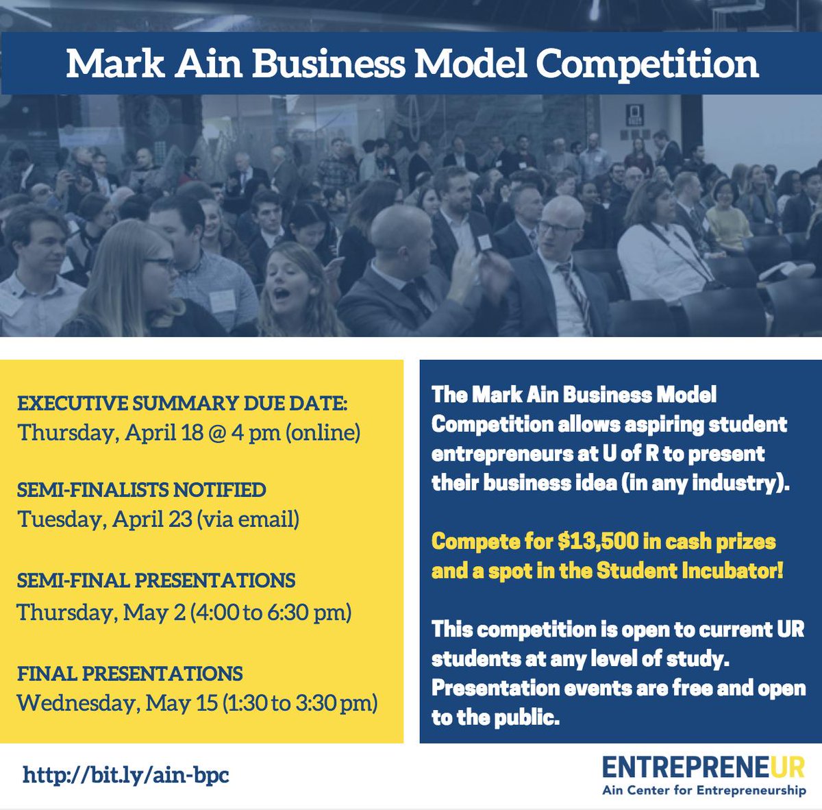 UR_AinCenter's tweet photo. Does your idea have what it takes to win? Apply by the end of today to find out! 

@UofR students can enter their business plans for the #MarkAinCompetition and #ForbesCompetition - find guidelines on our website: https://t.co/RkDQkr37ER 🐝

#UREntrep #entrepreneurship https://t.co/wSPQRxgweF