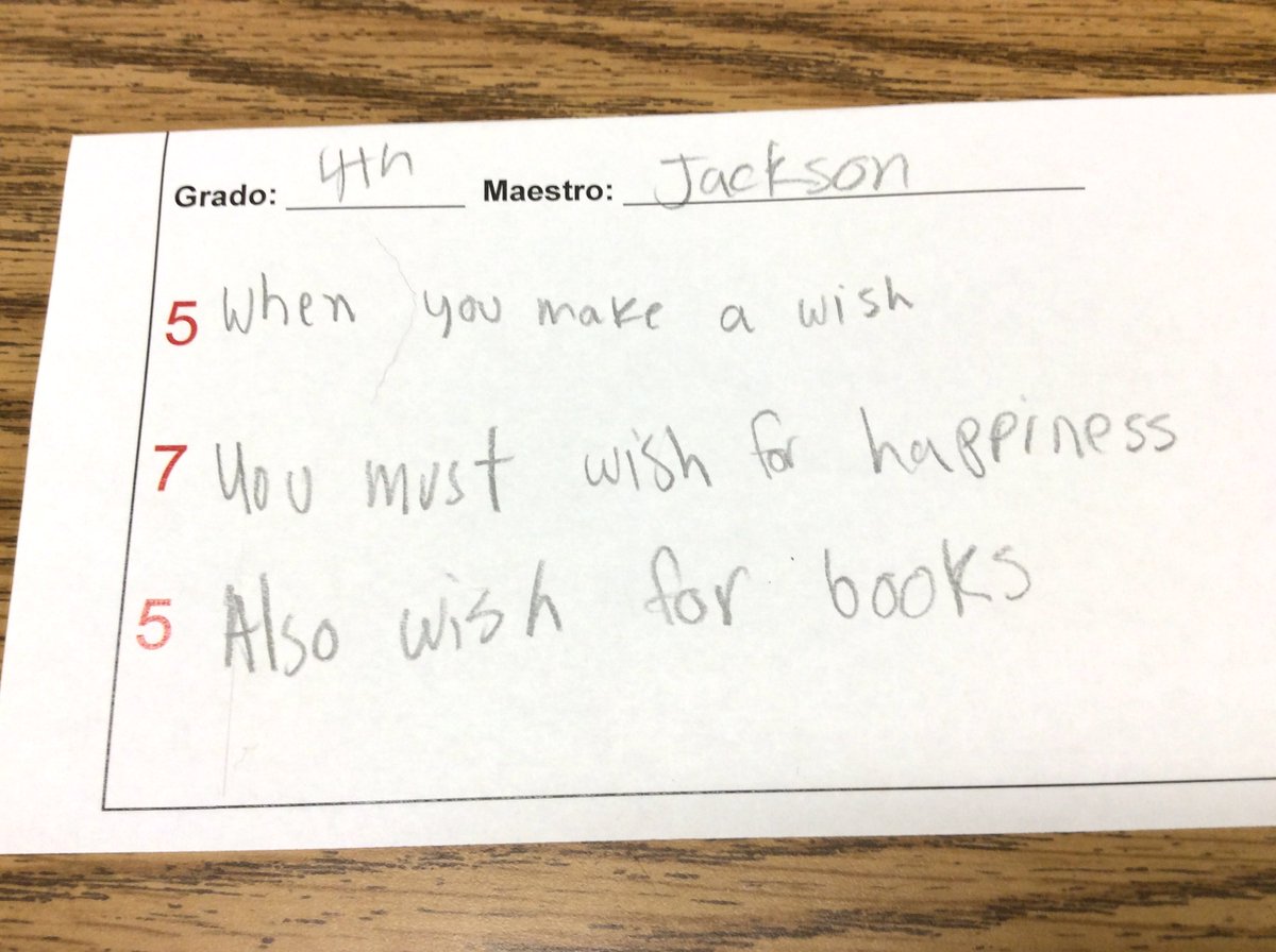FPGBLibrary's tweet photo. This haiku by a 4th grade #FlyingLion is close to a librarian's heart! 😍

When you make a wish
You must wish for happiness
Also wish for books

🦁❤️📚 @FPGBilingue 
#NationalPoetryMonth #SchoolLibraryMonth https://t.co/TOQcnuguQr