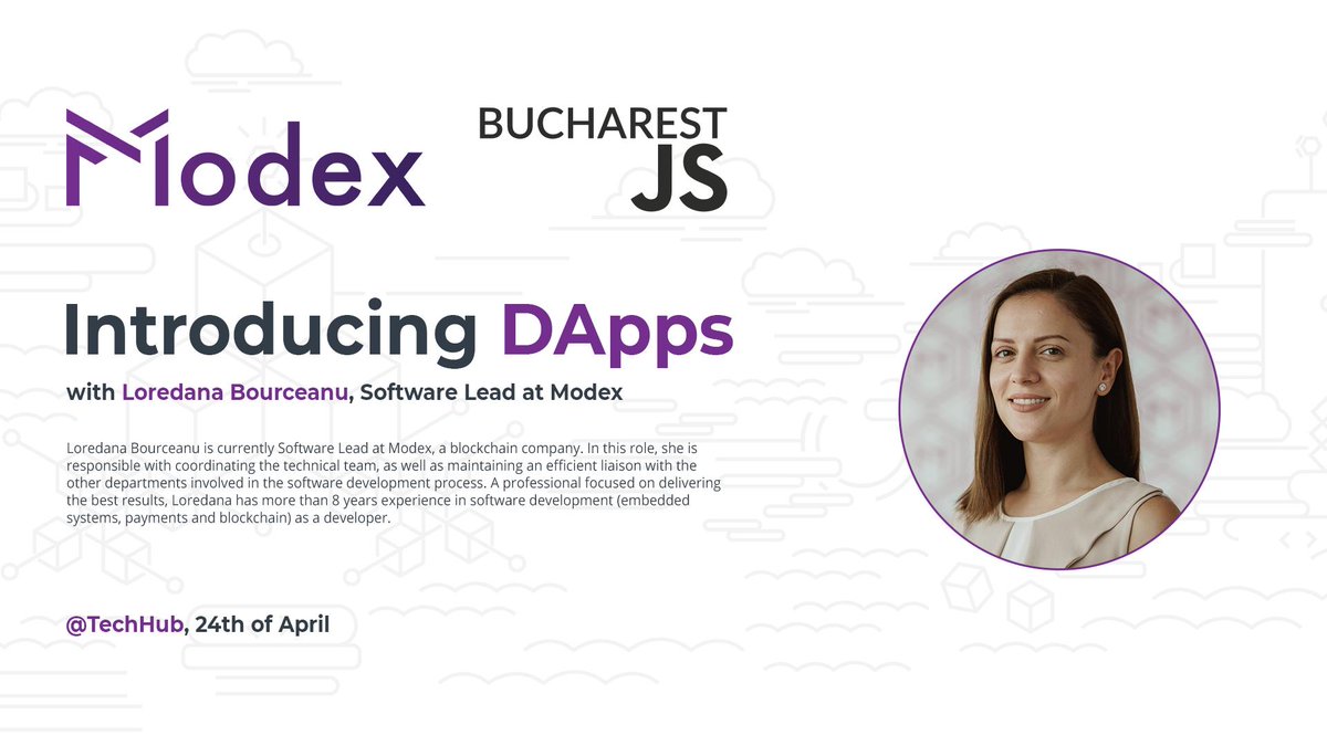 modex_tech's tweet photo. It comes with great pleasure to announce April #BucharestJS #Meetup organized with our partners from @BucharestJS 
Loredana Bourceanu, Software Lead at #Modex will be introducing #DApps and Sabin Marcu, #Software #Engineer at R/GA will help the audience with Unconventional #React https://t.co/C2dNZ7WTpY