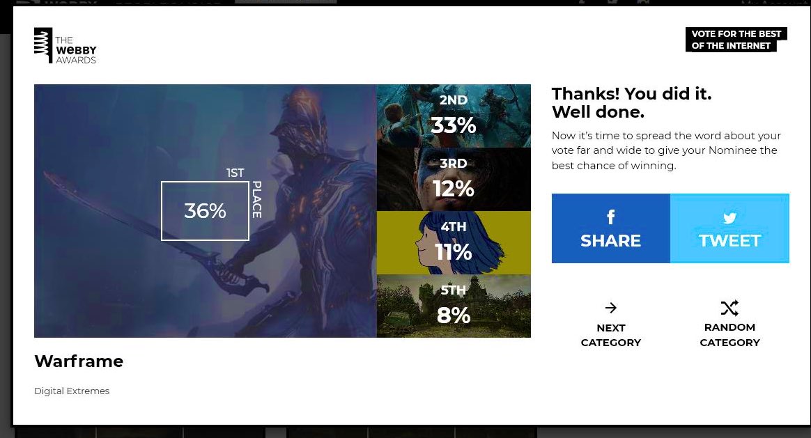 GameSoundDesign's tweet photo. This is the last day!  #Warframe is currently sitting at #1 for best sound and music!  If you haven’t voted yet now is the time to do it: https://t.co/DRr8CSJnKT https://t.co/rAUDLkc8SW