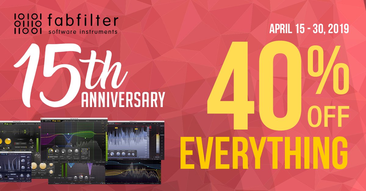 Celebrate <a href="/fabfilter/">FabFilter plug-ins</a>'s 15th Anniversary with up to 40% off of everything! 
A once in a lifetime opportunity, you do not want to miss! Ends 30/4! 
Browse the entire range at: inta-audio.com/fabfilter-m276 #fabfilter #promo #plugins #software #production #music