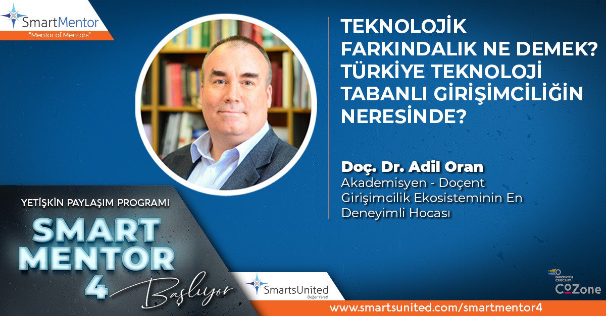 Bu yıl 4.'sü gerçekleşecek olan Yetişkin Paylaşım Programı’nda Doç. Dr. Adil Oran, 'Teknoloji Tabanlı Girişimcilik' konusu üzerine yoğunlaşacak. 
Daha fazla bilgi için smartsunited.com...
#smartmentor4 #smartmentör #etkinlik #mentör #mentor #cozone #odtü #metu #cozone