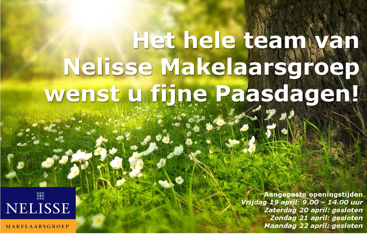NelisseMakelaar's tweet photo. Goede Vrijdag (morgen) zijn we tot 14.00 uur geopend. Daarna gaan wij van een heerlijk en welverdiend Paasweekend genieten! ☀️
Dinsdag 23 april a.s. staan wij weer om 9.00 uur voor u klaar. https://t.co/qi9E4zVOuv