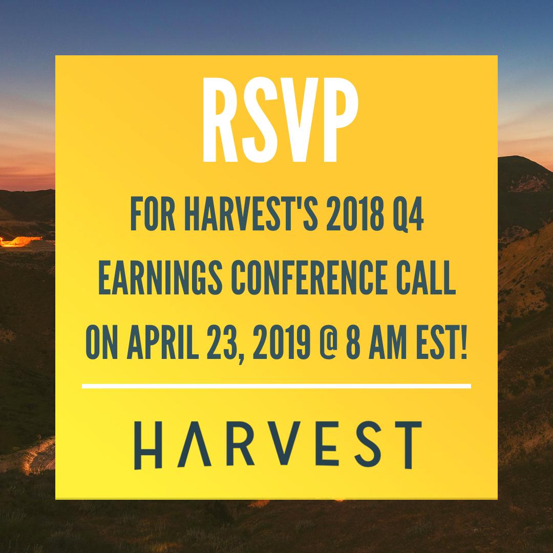 Join Harvest's executive team members - including CEO Steve White - as we discuss Harvest's recent #Q4 earnings report and company expansion plans on April 23! To be a part of the conversation, see the invite here: buff.ly/2ILhTkn #investors #webcast