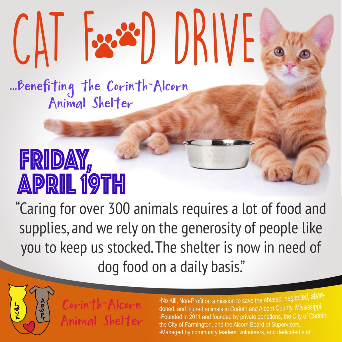 TullBrosInc's tweet photo. REMINDER: We are collecting Cat Food this week for the Corinth-Alcorn Animal Shelter! Please drop all donations off at our Corinth,MS Location.
.
#corinthalcornanimalshelter
#tullbrothersinc
#community https://t.co/F35ayDw9BX