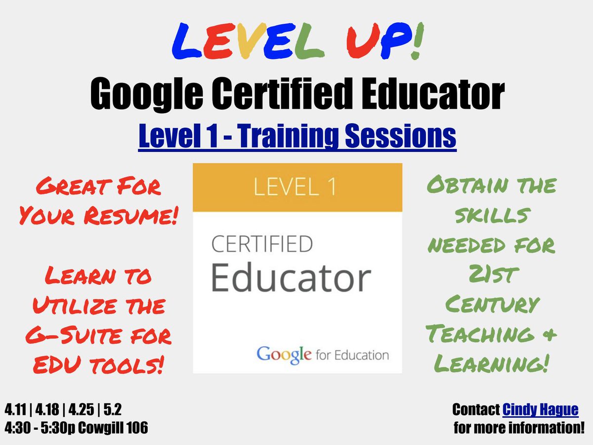 Education_TU's tweet photo. Join us this afternoon at 4:30-5:30 pm in CC106 for our 2nd @GoogleForEdu L1 Teacher Certification Training Session led by DCTIS @greadjasnoff @TransyDLA #edtech https://t.co/VEX0VEg9wO