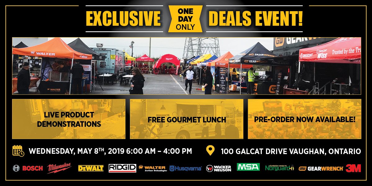#Construction, #Trades and #Industrial pros will not want to miss this! Wednesday May 8 @ our #Vaughan branch will have the biggest demos &amp; deals event of the year on #tools, #safetysupplies and much more! Save the date and see you there!