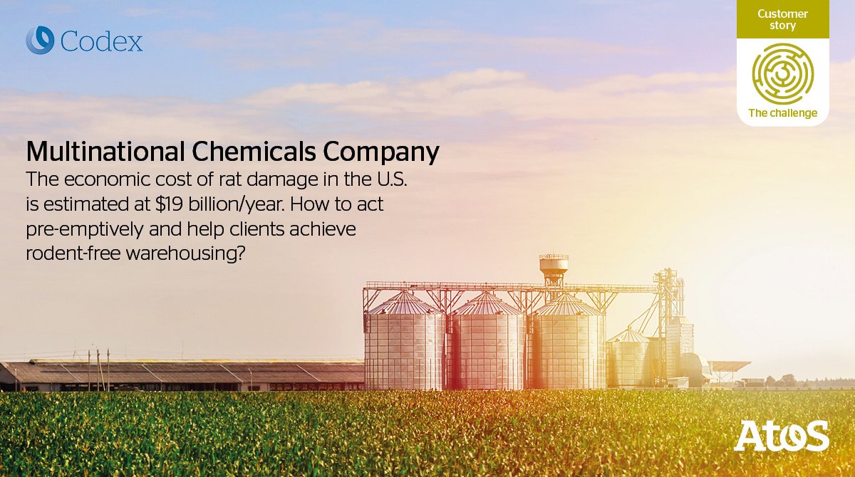Atos's tweet photo. The economic cost of rat damage in the U.S. is estimated at $19 billion/year. How to act pre-emptively and help clients achieve rodent-free warehousing? #CustomerStory #AtosCodex https://t.co/QhJVxc4r5y https://t.co/FCGtzsRnuI